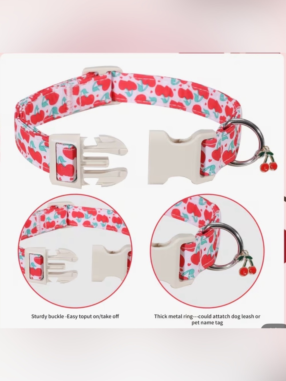 Cheery Cherry Dog Collar with charm. One left! X Small - Picture 4 of 4